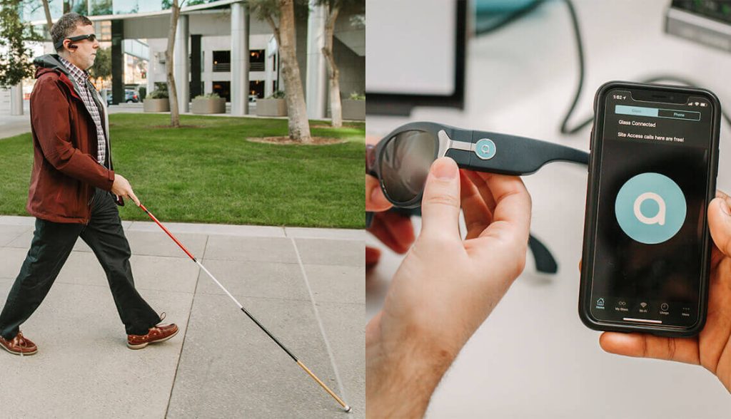 Blind man confidently walking outdoors using smart glasses for a blind person paired with a smartphone app, demonstrating the powerful combination of assistive technology and mobility aids