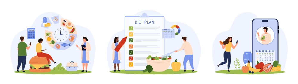 Illustration showing different weight-loss strategies without compatibility; meal timing and food diversity, following a structured diet plan, and using fitness apps, highlighting potential pitfalls when strategies aren't aligned for effective results